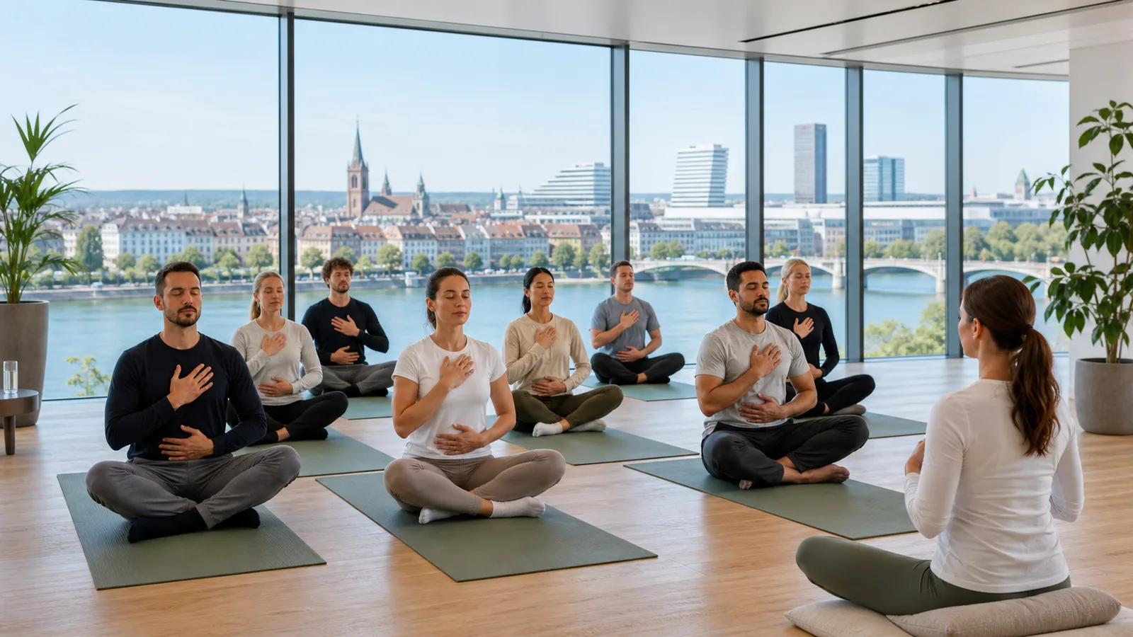 Corporate wellness session in Basel with a local Swiss city view