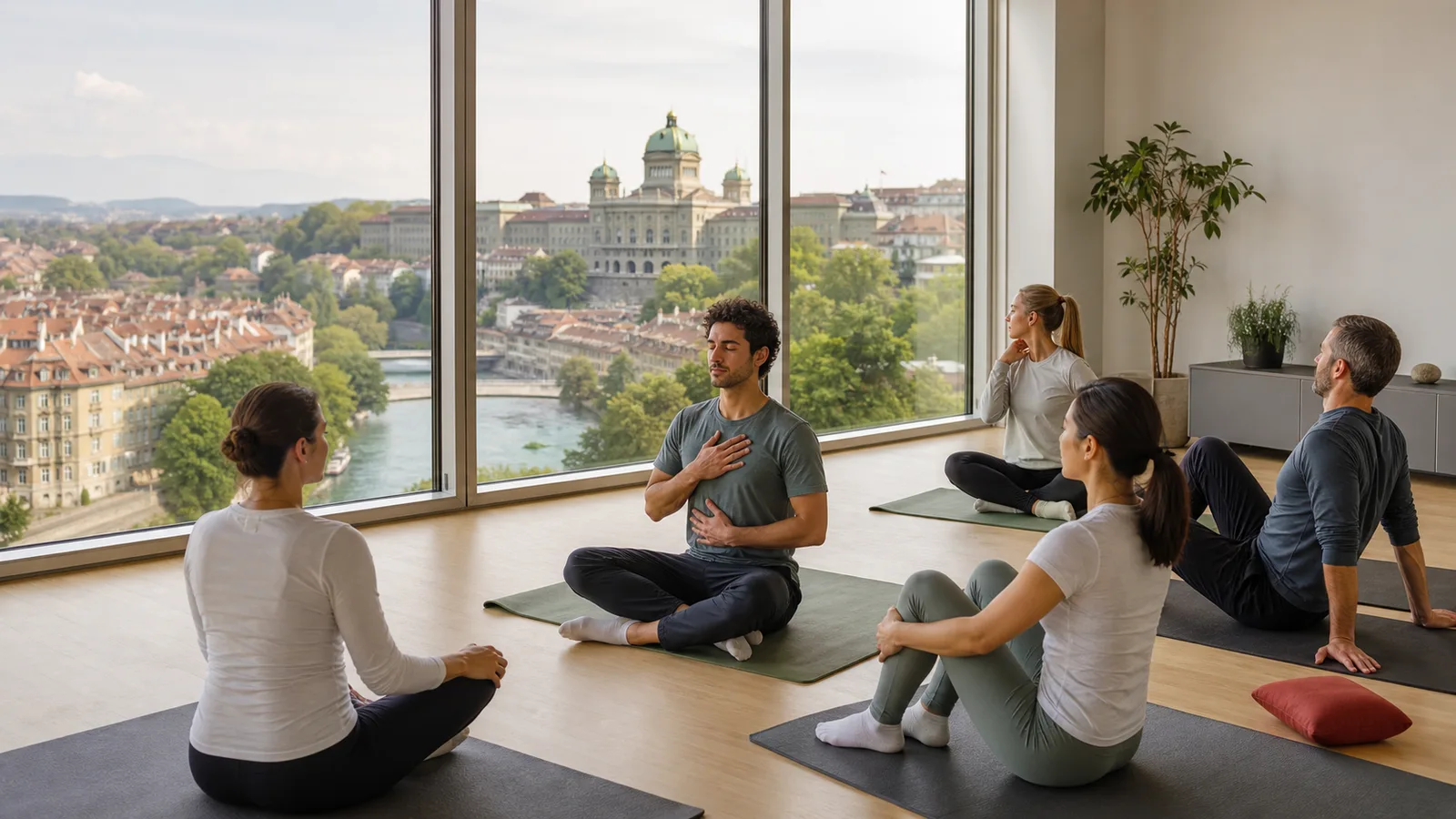 Corporate wellness session in Bern with a local Swiss city view