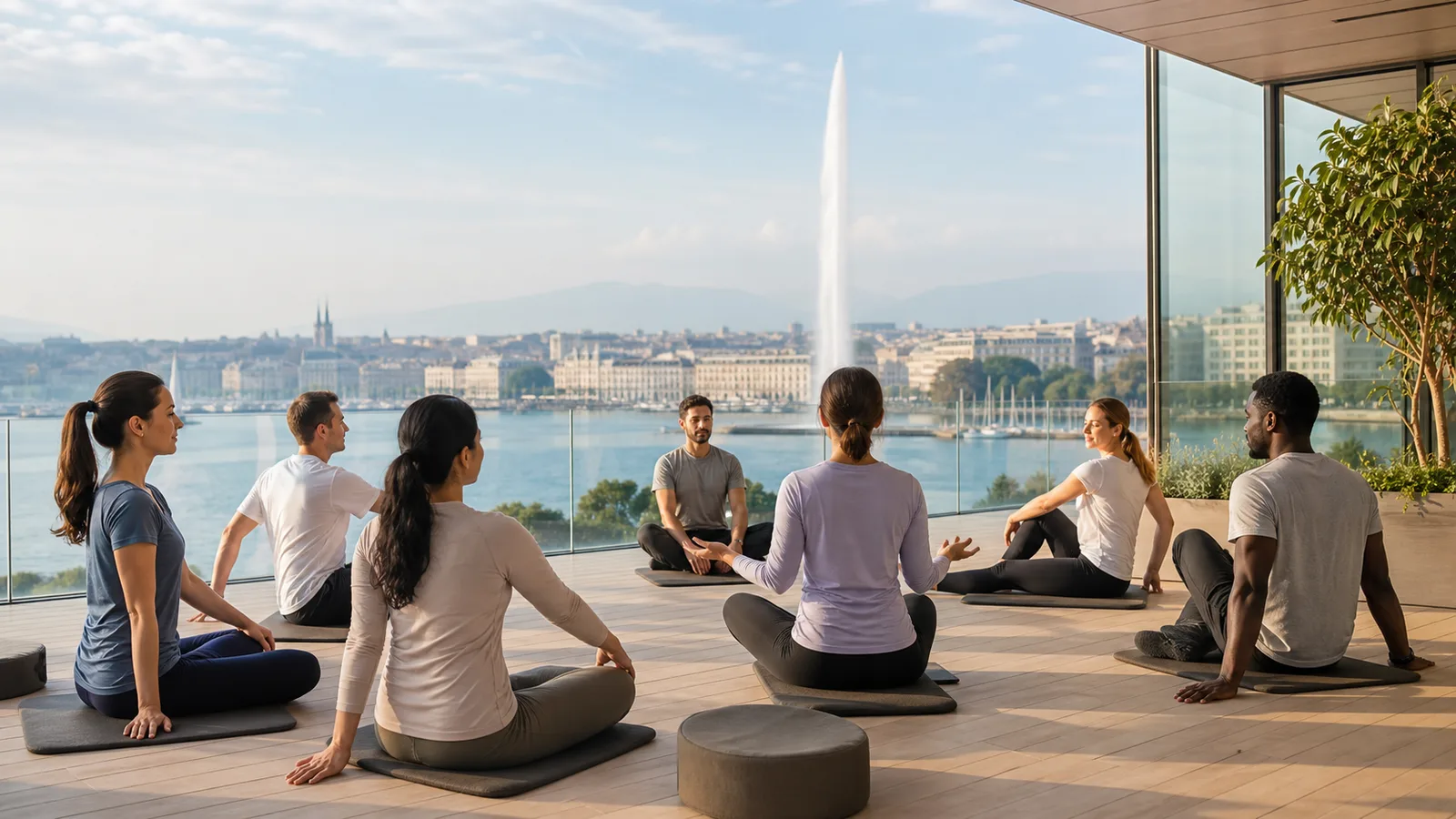 Corporate wellness session in Geneva with a local Swiss city view