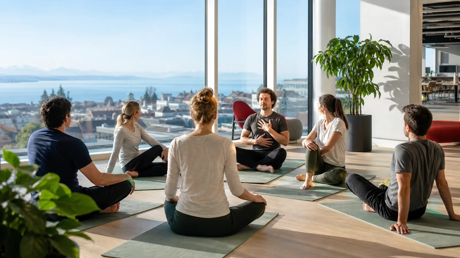 Corporate wellness session in Lausanne with a local Swiss city view