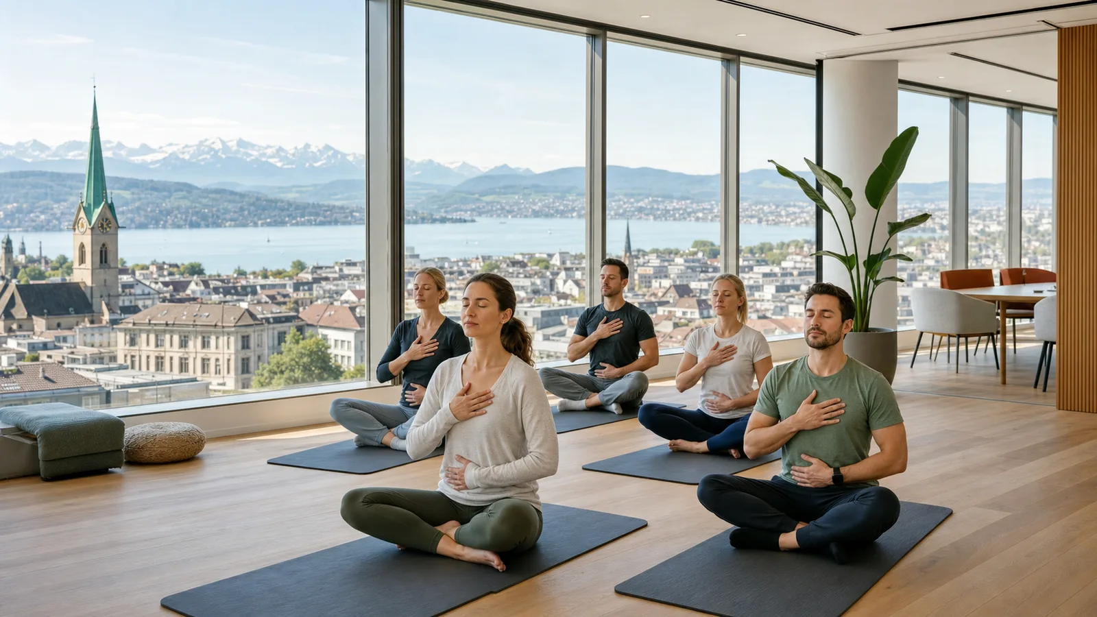 Corporate meditation and wellbeing session in a modern Swiss workplace